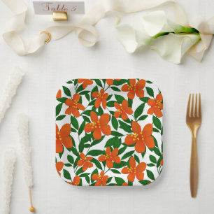 Assiettes En Carton Orange Rouge Floral Vert Botanique Motif