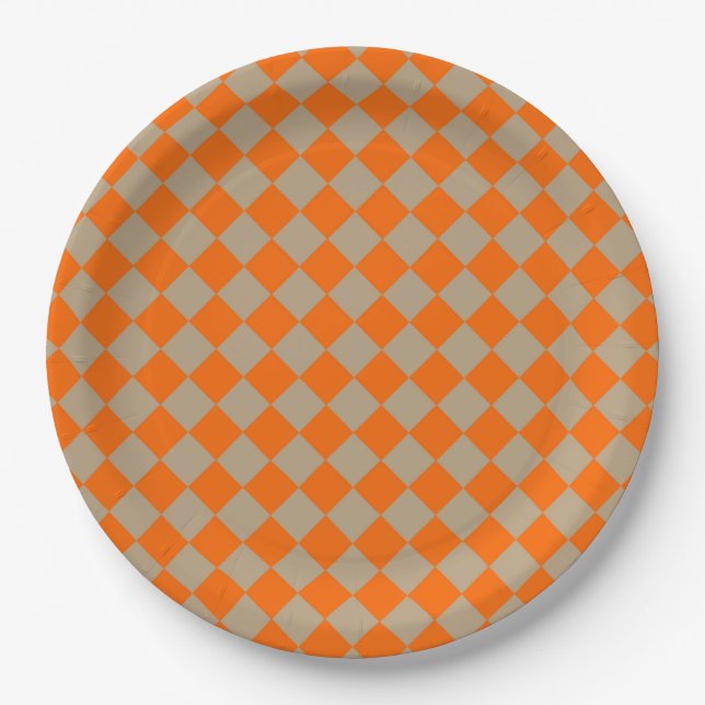Assiettes En Carton Orange Taupe Checker Diamond Pattern (Devant)