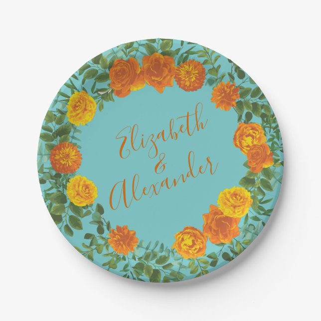 Assiettes En Carton Orange Turquoise Aqua Peony & Rose Floral Mariage (Devant)