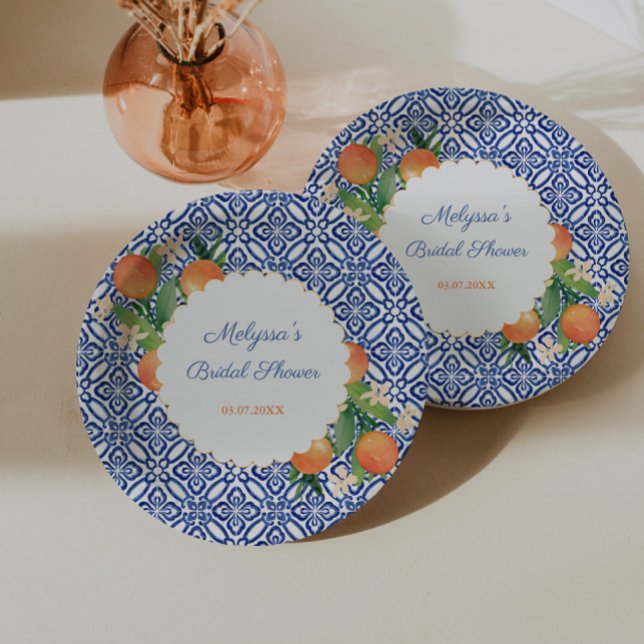 Assiettes En Carton Oranges Classique Bleu Blanc Positano Mariage Douc (Classic oranges with blue white tile print for positano portofino bridal shower)