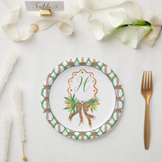 Assiettes En Carton Oranges d'aquarelle Plaid Bow Monogramme de Noël (Mariage)