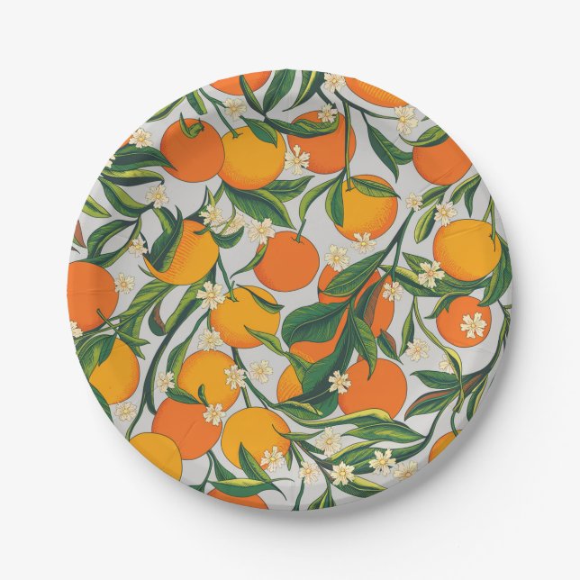 Assiettes En Carton Oranges d'été tendance Motif de fleurs d'agrumes (Devant)