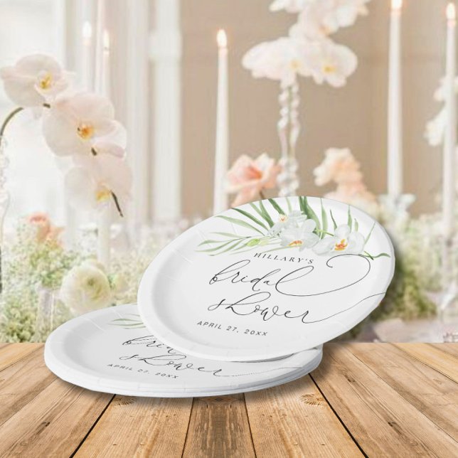 Assiettes En Carton Orchidée blanche | Élégante Fête des mariées tropi (Créateur téléchargé)