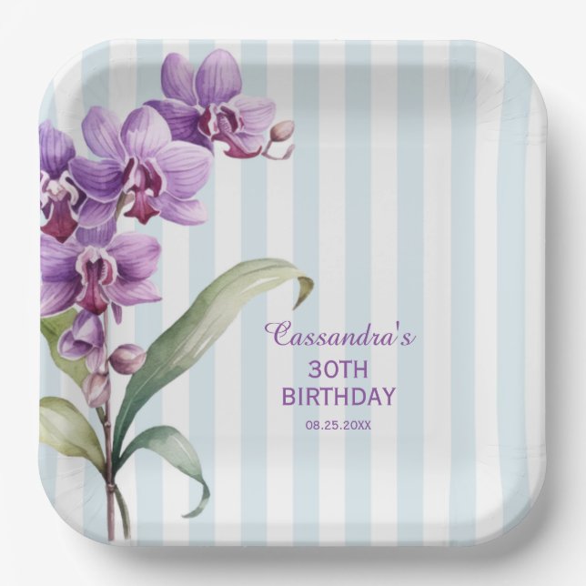Assiettes En Carton Orchidée violette Vert rayures Floral 30e annivers (Recto)