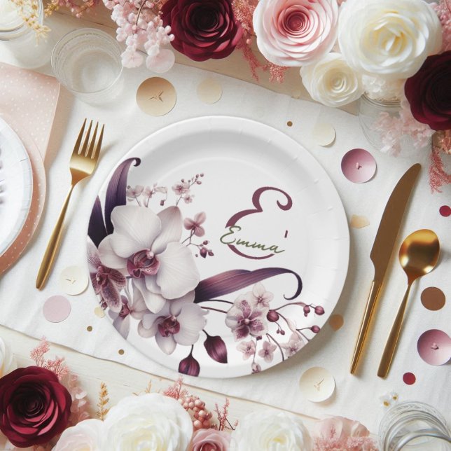 Assiettes En Carton Orchidées délicates blanches et magenta personnali (Créateur téléchargé)