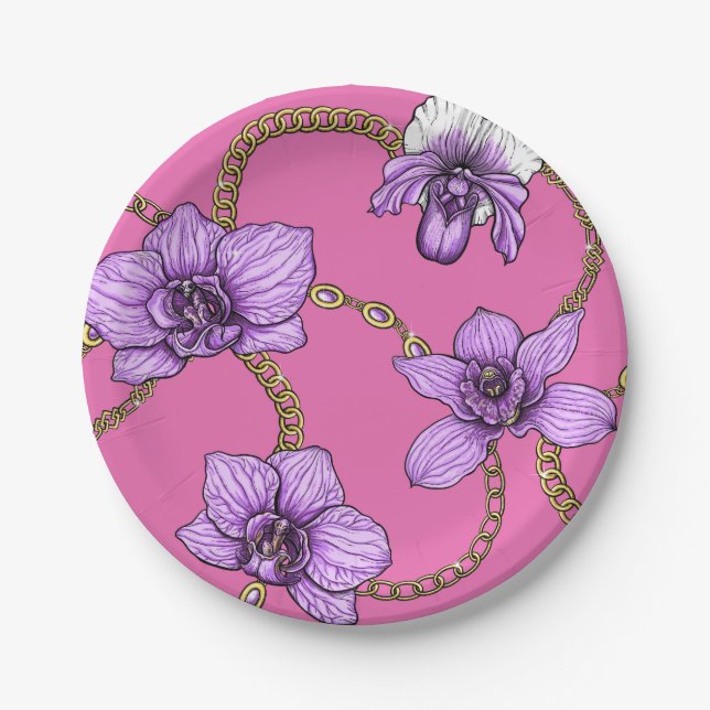 Assiettes En Carton Orchidées et chaînes, violet et rose (Devant)