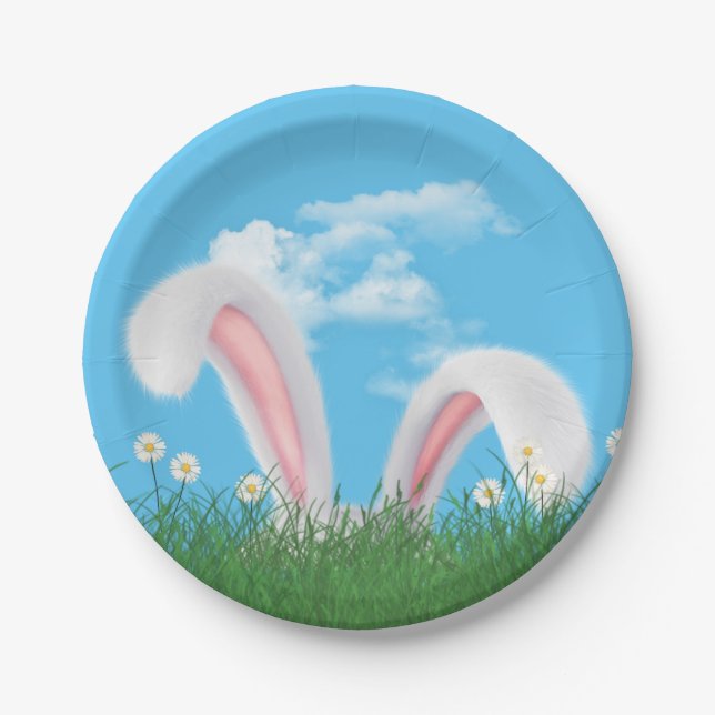 Assiettes En Carton Oreilles de lapin de Pâques avec marguerites (Devant)
