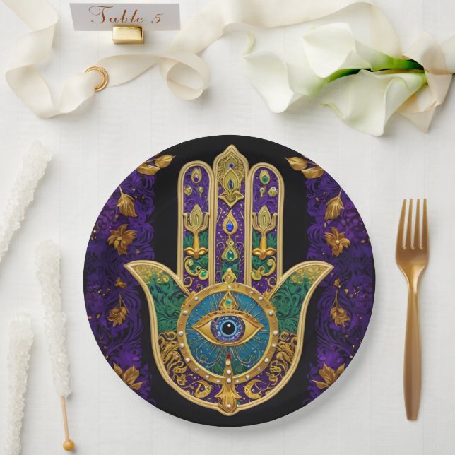 Assiettes En Carton Ornate Gold Troisième Oeil Hamsa (Mariage)