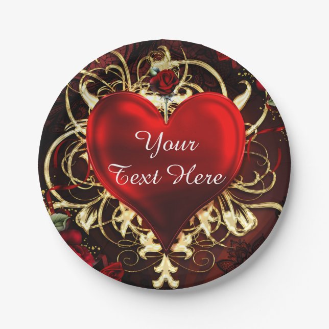 Assiettes En Carton Ornemental Floral Heart Black Red Gold Party (Devant)