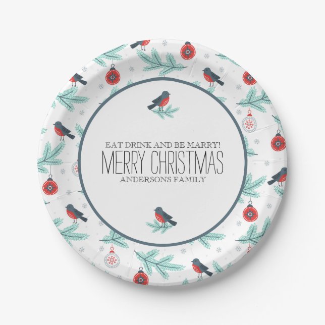 Assiettes En Carton Ornements de Noël Feuillage d'hiver et oiseaux Mot (Devant)