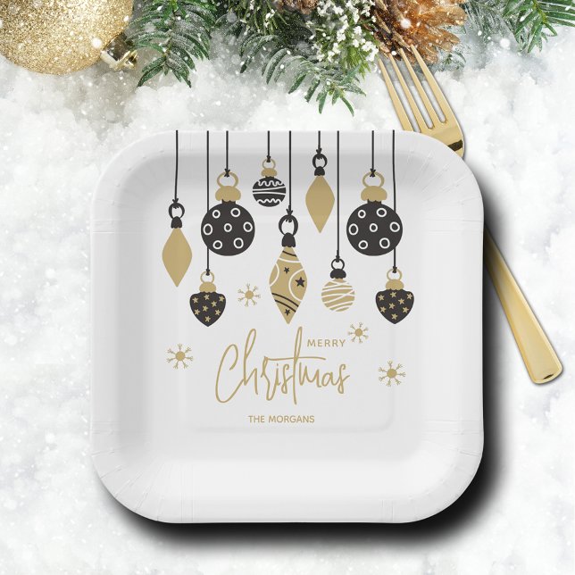 Assiettes En Carton Ornements de Noël noir et or chic (Chic black and gold Christmas tree ornaments square paper plates)