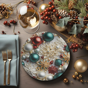 Assiettes En Carton Ornements de Noël perles d'or perles rouges