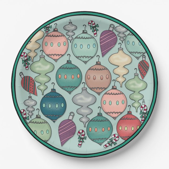Assiettes En Carton Ornements de Noël Retro Pastel sur Opal Blue (Devant)