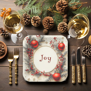 Assiettes En Carton Ornements Rouges de Noël Baies Flocons de Neige
