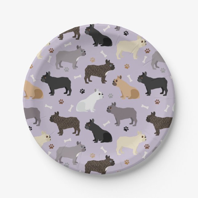 Assiettes En Carton Os et pattes de Bulldog français violet (Devant)