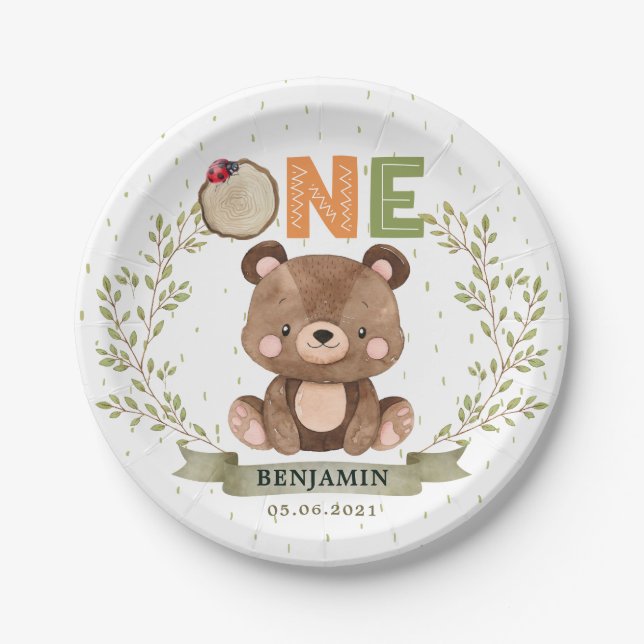Assiettes En Carton Ours Bébé Woodland 1er Anniversaire Plaque Papier (Devant)