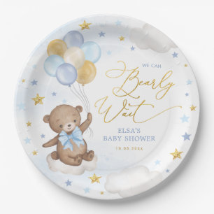 Assiettes En Carton Ours bleu or avec ballons Nuages Etoiles Garçon Bé