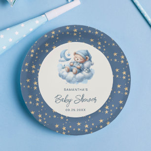 Assiettes En Carton Ours couché nuage & étoiles bleu garçon baby showe