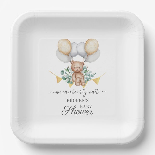 Assiettes En Carton Ours d'attente et ballons du Baby shower Eucalyptu (Recto)