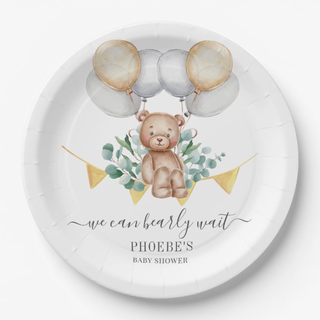 Assiettes En Carton Ours d'attente et ballons du Baby shower Eucalyptu (Devant)