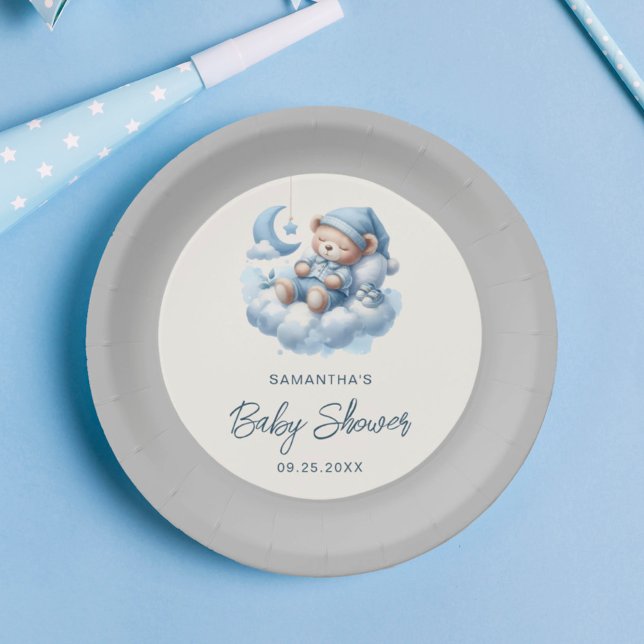 Assiettes En Carton Ours dormant sur nuage gris et bleu baby shower ga (Créateur téléchargé)