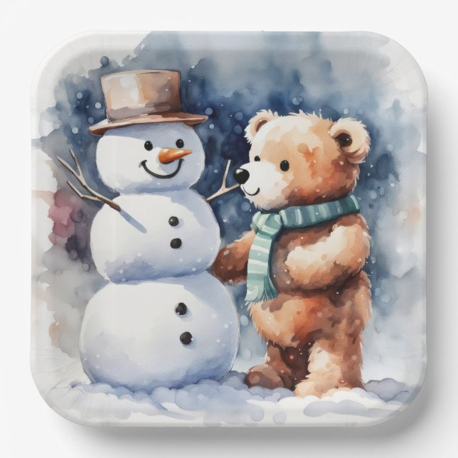 Assiettes En Carton Ours En Conduite D'Hiver Et Snowman (Recto)