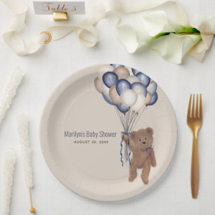 Assiettes En Carton Ours en peluche et ballons Baby shower bleu d'atte
