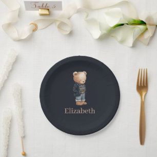 Assiettes En Carton Ours en peluche personnalisé Dark Navy pour garçon
