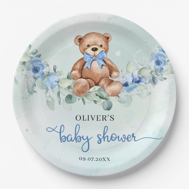 Assiettes En Carton Ours en peluche populaire bleu poussiéreux eucalyp (Devant)
