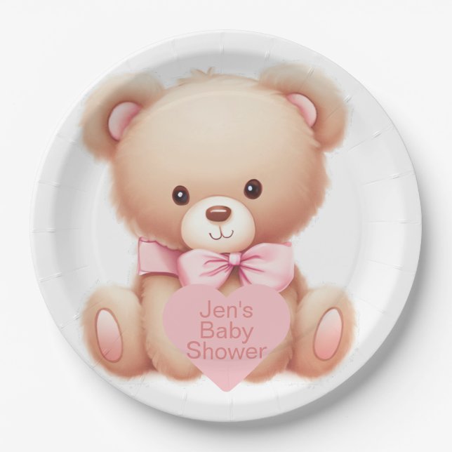 Assiettes En Carton Ours en peluche rose (Devant)
