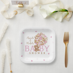 Assiettes En Carton Ours en peluche rose avec ballons Baby Girl Shower