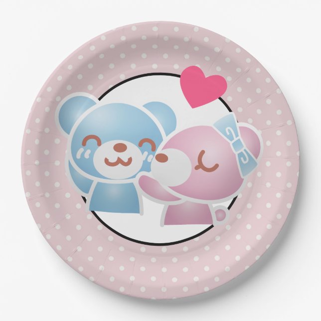 Assiettes En Carton Ours KIssing sur Cute Pois et Kawaii (Devant)