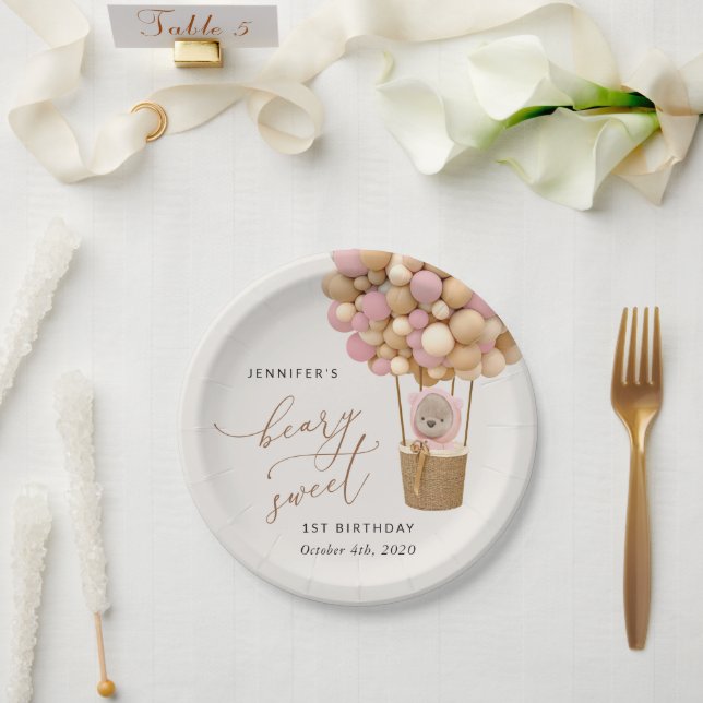 Assiettes En Carton Ours mignon, Ballons roses, Premier Anniversaire (Mariage)