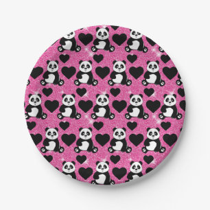 Assiettes En Carton Ours Panda Amoureux des Animaux Cœurs Noirs Paille