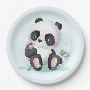 Assiettes En Carton Ours Panda Aquarelle avec papillons