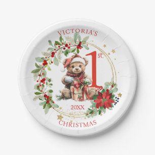 Assiettes En Carton Ours Poinsettia Foliage Baby's First Christmas
