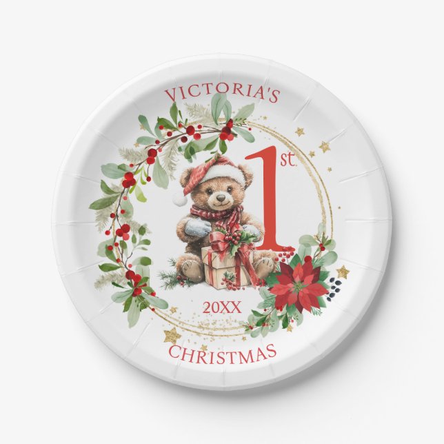 Assiettes En Carton Ours Poinsettia Foliage Baby's First Christmas (Devant)