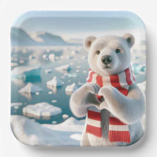 Assiettes En Carton Ours polaire avec pattes formant un coeur (Recto)