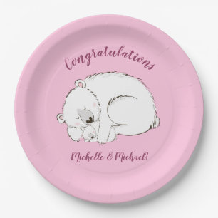 Assiettes En Carton Ours polaire Baby shower fille rose