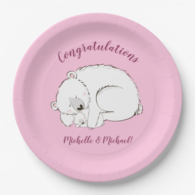 Assiettes En Carton Ours polaire Baby shower fille rose (Devant)