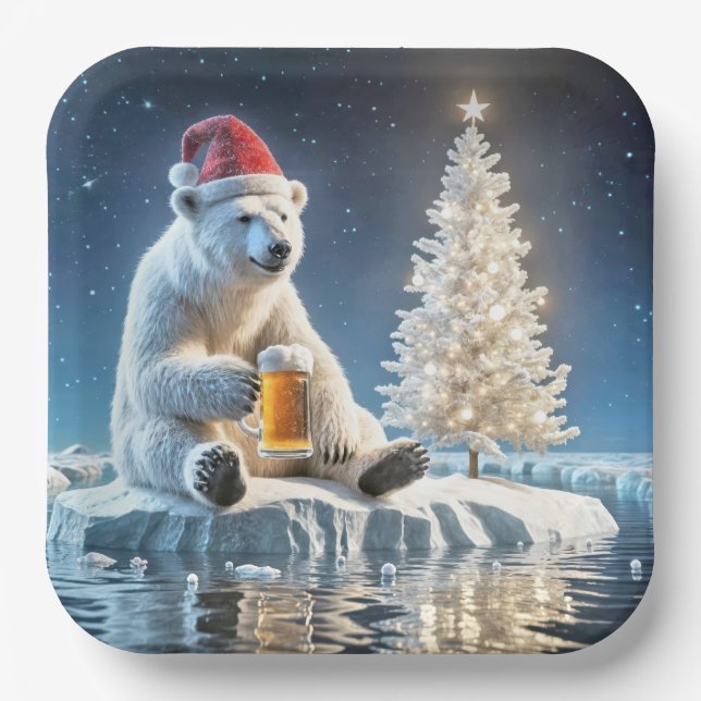 Assiettes En Carton Ours Polaire De Noël Avec Bière (Recto)