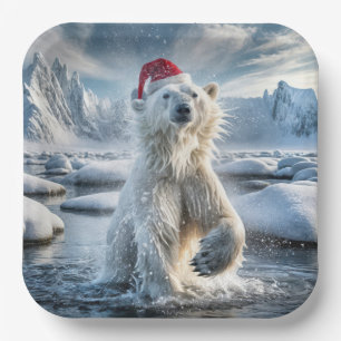 Assiettes En Carton Ours Polaire De Noël Dans L'Eau Arctique