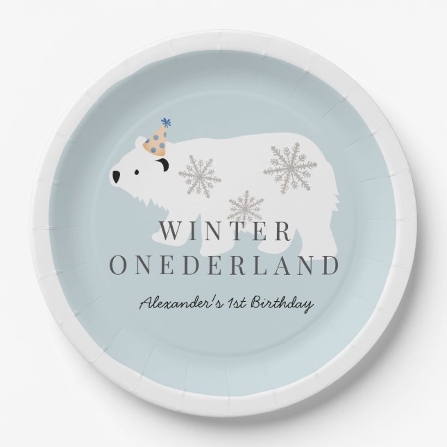 Assiettes En Carton Ours polaire Hiver Onederland Bleu Anniversaire (Devant)