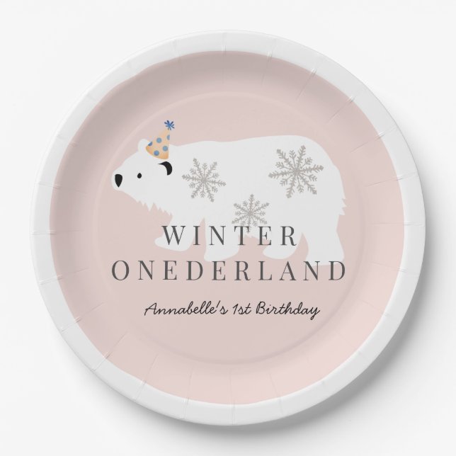 Assiettes En Carton Ours polaire Hiver Onederland Rose Anniversaire (Devant)
