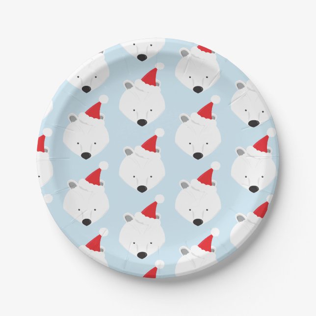 Assiettes En Carton Ours polaire Santa Chapeau animal Noël (Devant)