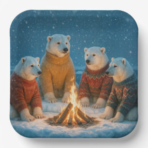 Assiettes En Carton Ours polaires de Noël autour d'un feu de joie