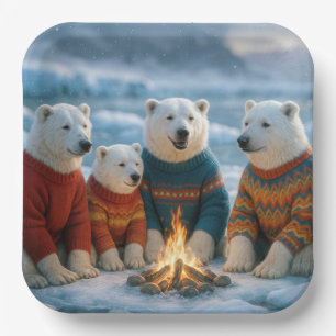Assiettes En Carton Ours polaires de Noël autour d'un feu de joie