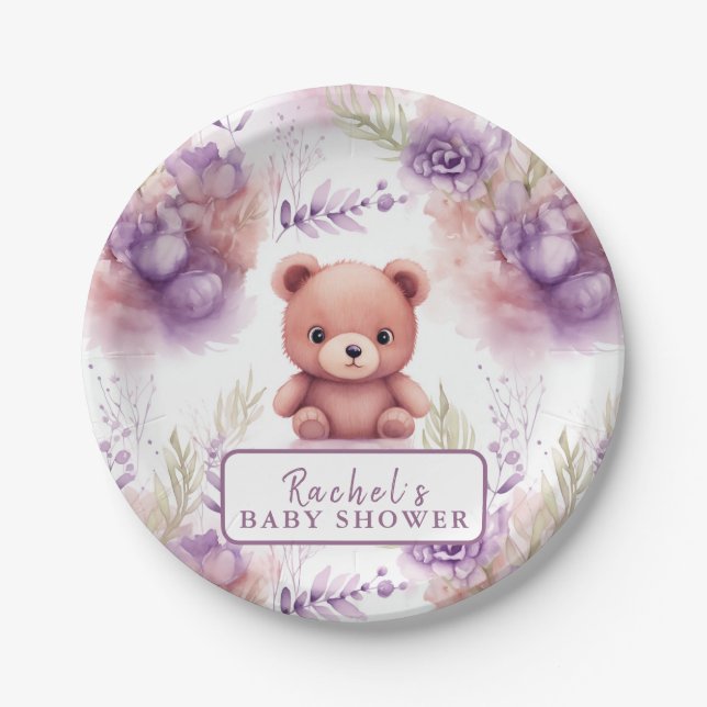 Assiettes En Carton Ours pourpre en tourbillon et fleurs - Baby shower (Devant)