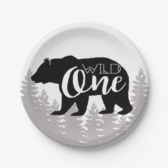 Assiettes En Carton Ours sauvage | Forêt | Premier anniversaire (Devant)