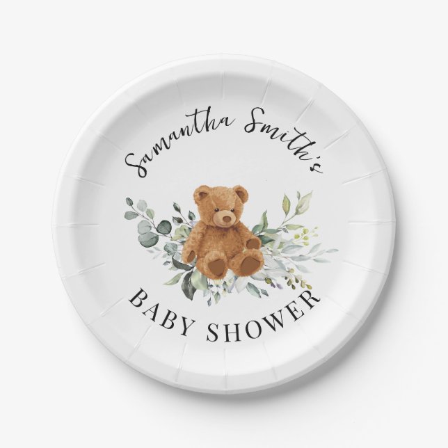 Assiettes En Carton Ours vert Baby shower Eucalyptus rond (Devant)